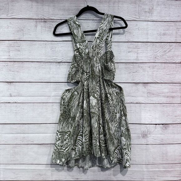 Anthropologie Square Neck Smocked Cut Out Mini Dress Animal Print Green Large - Picture 3 of 9